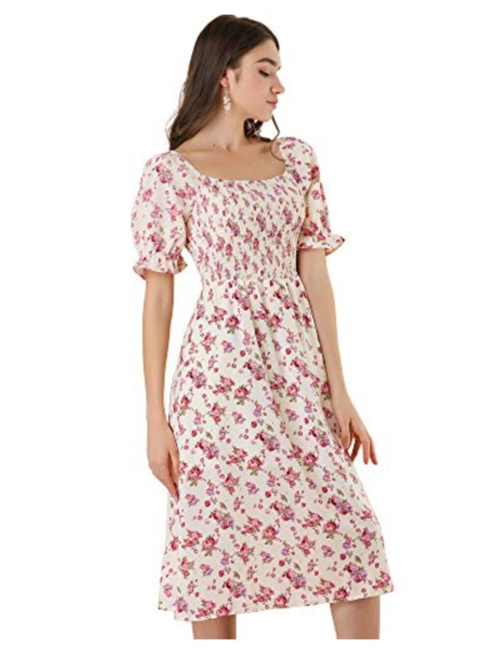 Cottagecore Floral Midi Dress Puff Sleeve Smocked Square Neck